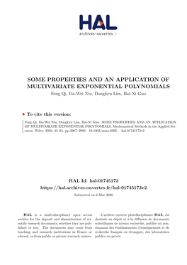 SOME PROPERTIES and an APPLICATION of MULTIVARIATE EXPONENTIAL POLYNOMIALS Feng Qi, Da-Wei Niu, Dongkyu Lim, Bai-Ni Guo