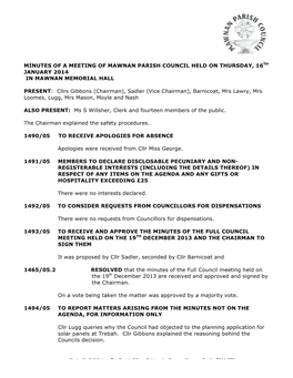 Minutes of a Meeting of Mawnan Parish Council Held on Thursday, 16Th January 2014 in Mawnan Memorial Hall