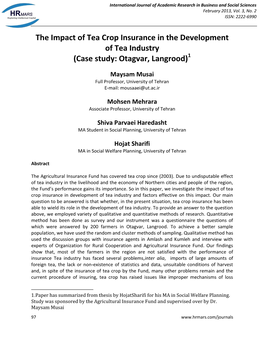 The Impact of Tea Crop Insurance in the Development of Tea Industry (Case Study: Otagvar, Langrood)1