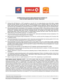 Alimentation Couche-Tard Announces Its Results for Its First Quarter of Fiscal Year 2018