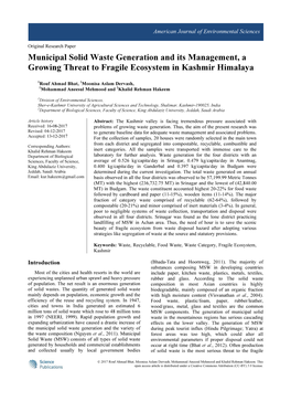 Municipal Solid Waste Generation and Its Management, a Growing Threat to Fragile Ecosystem in Kashmir Himalaya