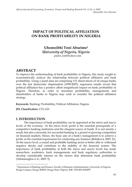 IMPACT of POLITICAL AFFILIATION on BANK PROFITABILITY in NIGERIA Uhomoibhi Toni Aburime1 University of Nigeria, Nigeria ABSTRAC