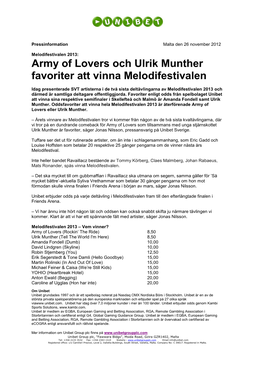 Army of Lovers Och Ulrik Munther Favoriter Att Vinna Melodifestivalen