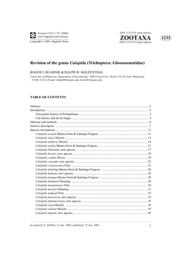 Zootaxa, Revision of the Genus Culoptila (Trichoptera