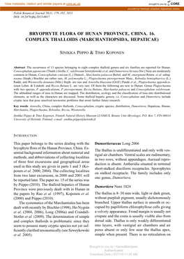 Bryophyte Flora of Hunan Province, China. 16. Complex Thalloids (Marchantiopsida, Hepaticae)