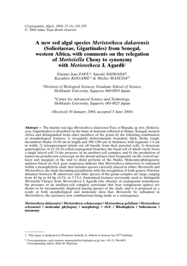 A New Red Algal Species Meristotheca Dakarensis (Solieriaceae, Gigartinales) from Senegal, Western Africa, with Comments On