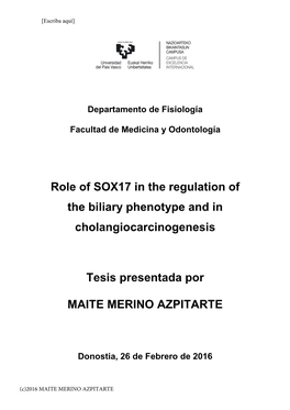 Role of SOX17 in the Regulation of the Biliary Phenotype and in Cholangiocarcinogenesis