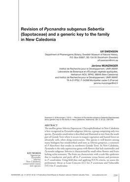 Revision of Pycnandra Subgenus Sebertia (Sapotaceae) and a Generic Key to the Family in New Caledonia