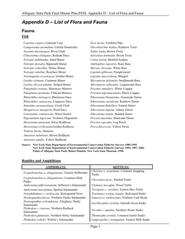 Allegany State Park Final Master Plan/FEIS: Appendix D – List of Flora and Fauna Appendix D – List of Flora and Fauna