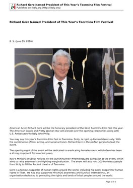 Richard Gere Named President of This Year's Taormina Film