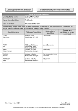 Local Elections Statement of Persons Nominated 2021