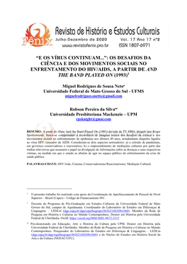 “E Os Vírus Continuam...”: Os Desafios Da Ciência E Dos Movimentos Sociais No Enfrentamento Do Hiv/Aids, a Partir De and the Band Played on (1993)1
