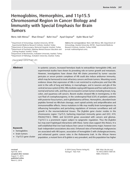 Hemoglobins, Hemorphins, and 11P15.5 Chromosomal Region in Cancer Biology and İmmunity with Special Emphasis for Brain Tumors