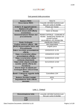 Dati Generali Della Procedura Numero RDO: 784174 Descrizione RDO: Acquisto Etichette Biadesive Per Foto Per Carte Di Identità C