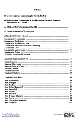 (1) Behörden Und Institutionen in Den Territorien Kurmark, Neumark, Niederlausitz Bis 1808/16 1