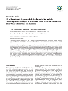 Research Article Identification of Opportunistic Pathogenic Bacteria in Drinking Water Samples of Different Rural Health Centers and Their Clinical Impacts on Humans