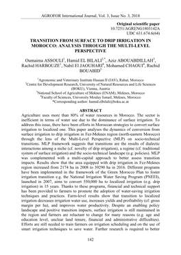 TRANSITION from SURFACE to DRIP IRRIGATION in MOROCCO: ANALYSIS THROUGH the MULTI-LEVEL PERSPECTIVE Oumaima ASSOULI , Hamid EL B