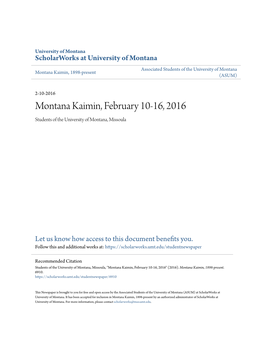 Montana Kaimin, February 10-16, 2016 Students of the University of Montana, Missoula