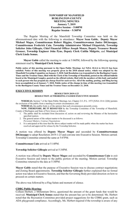 TOWNSHIP of MANSFIELD BURLINGTON COUNTY MEETING MINUTES January 7, 2019 Executive Session – 5:00PM Regular Session – 5:30PM