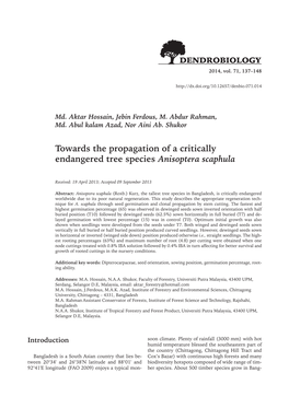 Towards the Propagation of a Critically Endangered Tree Species Anisoptera Scaphula