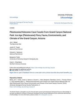 Pleistocene/Holocene Cave Fossils from Grand Canyon National Park: Ice Age (Pleistocene) Flora, Fauna, Environments, and Climate of the Grand Canyon, Arizona