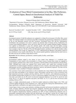 Evaluation of Trace Metal Contamination in Ise Bay, Mie Prefecture, Central Japan, Based on Geochemical Analysis of Tidal Flat Sediments