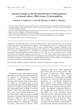 Seasonal Changes in the Thermal Tolerances of Odontophrynus Occidentalis (Berg, 1896) (Anura: Cycloramphidae)