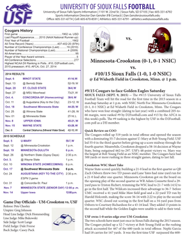 UNIVERSITY of SIOUX FALLS FOOTBALL University of Sioux Falls Sports Information | 1101 W