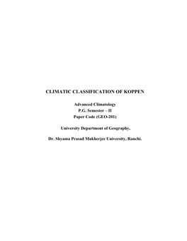 Climatic Classification of Koppen