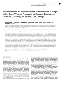 In Vivo Evidence for Alcohol-Induced Neurochemical Changes in Rat Brain Without Protracted Withdrawal, Pronounced Thiamine Deficiency, Or Severe Liver Damage