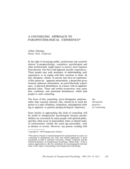 A Counseling Approach to Parapsychological Experience*
