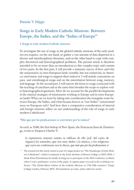 Songs in Early Modern Catholic Missions: Between Europe, the Indies, and the “Indies of Europe”*