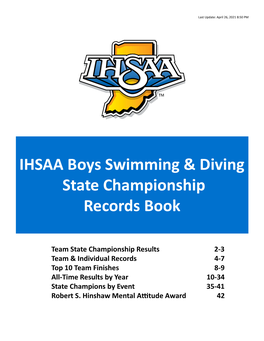 IHSAA Boys Swimming & Diving State Championship Records Book