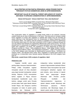 Nilai Penting Hutan Pantai (Pengaruh Jarak Pesisir Pantai Terhadap Status Konservasi Jenis Di Aipiri Manokwari)