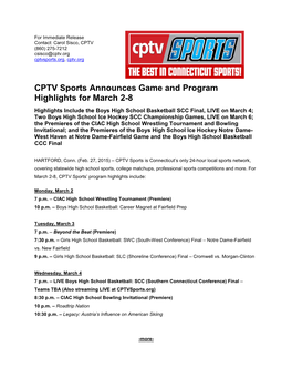 CPTV Sports Announces Game and Program Highlights for March 2-8