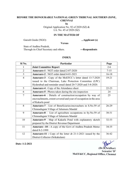 BEFORE the HONOURABLE NATIONAL GREEN TRIBUNAL SOUTHERN ZONE, CHENNAI in Original Application No