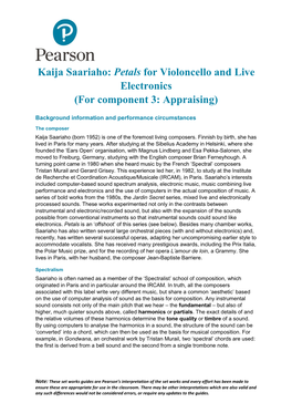 Kaija Saariaho: Petals for Violoncello and Live Electronics (For Component 3: Appraising)