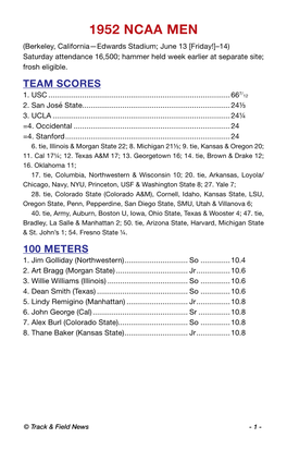 1952 NCAA MEN (Berkeley, California—Edwards Stadium; June 13 [Friday!]–14) Saturday Attendance 16,500; Hammer Held Week Earlier at Separate Site; Frosh Eligible