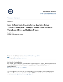 A Qualitative Textual Analysis of Newspaper Coverage of Five Female Politicians in Utah's Deseret News and Salt Lake Tribune