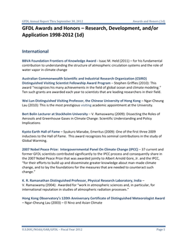 Awards and Honors (1D) GFDL Awards and Honors – Research, Development, And/Or Application 1998-2012 (1D)