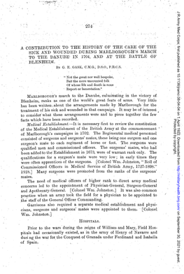 A CONTRIBUTION to 'L'he HISTORY of the CARE of the SICK and WOUNDED DURING MARLBOBOUGH's MAROH to the DANUBE' in 1704, and at the BATTLE of Blenheijvi