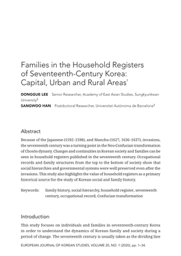 Families in the Household Registers of Seventeenth-Century Korea: Capital, Urban and Rural Areas1