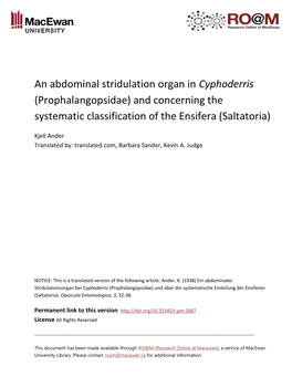 An Abdominal Stridulation Organ in Cyphoderris (Prophalangopsidae) and Concerning the Systematic Classification of the Ensifera (Saltatoria)