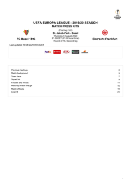 UEFA EUROPA LEAGUE - 2019/20 SEASON MATCH PRESS KITS (First Leg: 3-0) St