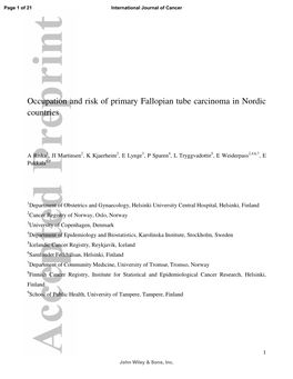 Occupation and Risk of Primary Fallopian Tube Carcinoma in Nordic Countries
