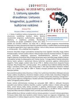 1. Lietuvių Spaudos Draudimas: Lietuvos Knygnešiai, Jų Politinė Ir Kultūrinė Reikšmė Antanas TYLA Ištrauka Iš 1996 M