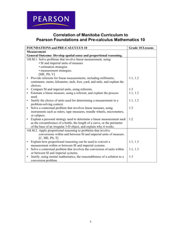 Correlation of Manitoba Curriculum to Pearson Foundations and Pre-Calculus Mathematics 10