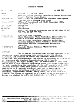 ED 197 150 Schramm, C.: Osland, Walt TITLE Mountain Plains Learning Experience Guide: Automotive Repair. Course: Power Train. Mo