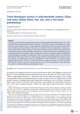 Birbal Sahni, Hsü Jen, and a Pan-Asian Paleobotany