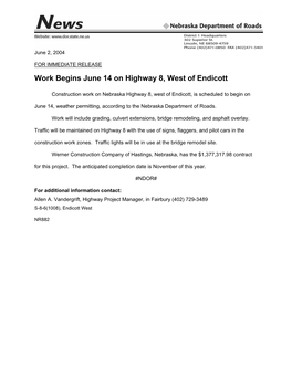 Work Begins June 14 on Highway 8, West of Endicott